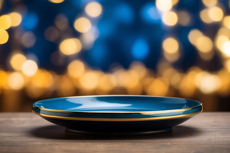 Empty blue plate on wooden table with bokeh lights background.の素材