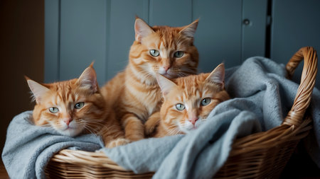 Three ginger cats sitting in a wicker basket near the window.の素材