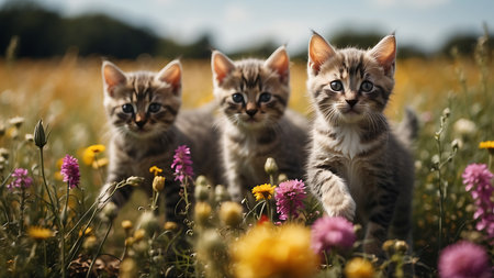 Three cute little kittens sitting in the meadow with flowers and looking at cameraの素材