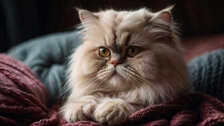 Persian cat lying on a sofa and looking at the camera.の素材
