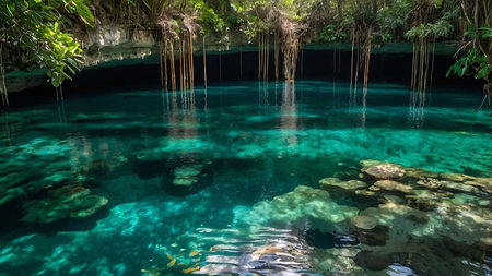 Beautiful turquoise water of Cenote del Carmen, Mexicoの素材