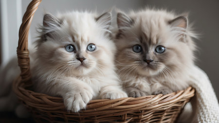 Two persian kittens in a wicker basket, close-upの素材