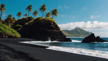 Tropical black sand beach with palm trees in Hawaii, United Statesの素材