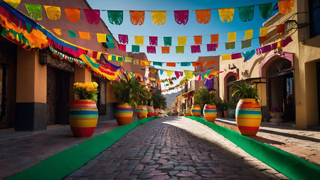 Colourful flags on a street in the old town of Trinidad, Cubaの素材