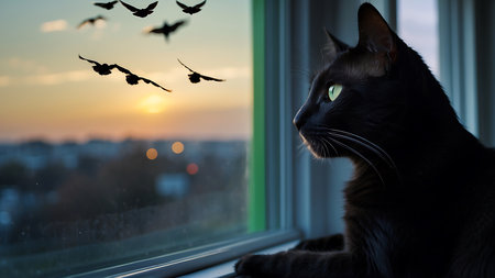 Black cat sitting on the windowsill with flying bats at sunset.の素材