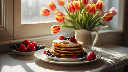 Plate of pancakes with fresh berries and tulips on windowsillの素材