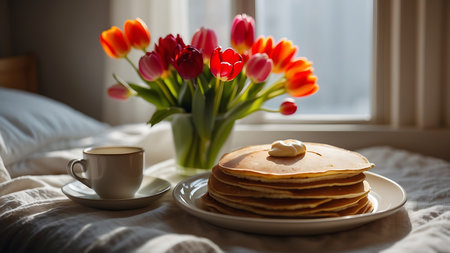 Breakfast in bed with pancakes, tulips and a cup of coffeeの素材