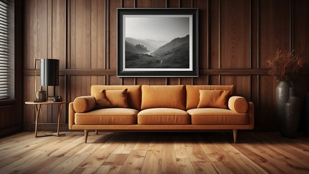 Interior of modern living room with brown sofa 3d render illustrationの素材