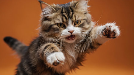 Cute tabby maine coon kitten on orange background.の素材