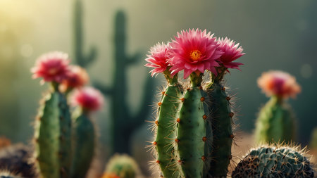 Blooming cactus with pink flowers in a botanical garden.の素材