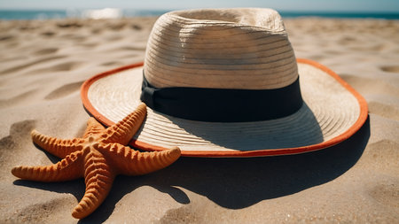 Straw hat and starfish on the sandy beach near the seaの素材