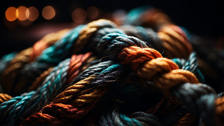 Multicolored rope for embroidery on a dark background.の素材