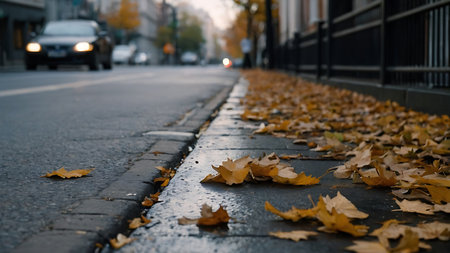 Autumn leaves on the sidewalk in the city. Defocused background.の素材