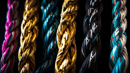 Bunch of colorful ropes on a black background. Selective focus.の素材
