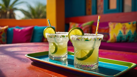 Two glasses of lime margaritas on a blue and green plateの素材
