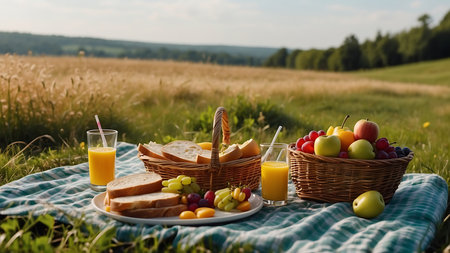 Picnic in the countryside. Picnic basket with fruit and juice.の素材