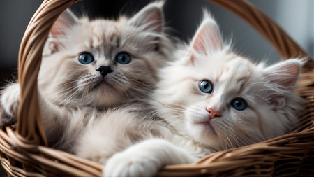Cute british kittens in basket, close-up.の素材