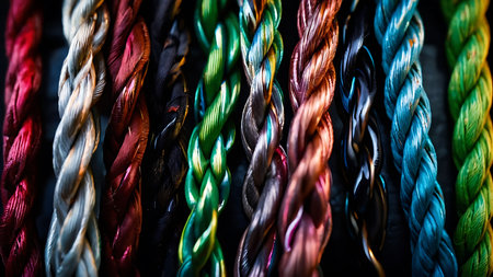 Multicolored braided wires on a black background close-upの素材