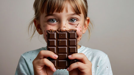 Little girl eating a chocolate bar, close-up portrait on gray backgroundの素材
