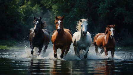 Herd of horses galloping in water, motion blur effect.の素材