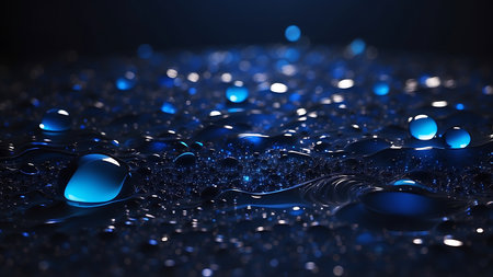 Water drops on dark blue background. 3d rendering, 3d illustration.の素材