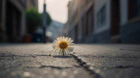 Daisy flower on the pavement in the city at sunset. Selective focus.の素材