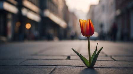 Tulip flower in the middle of a city street at sunsetの素材