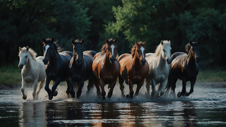 Herd of horses galloping in water at sunset in summer.の素材