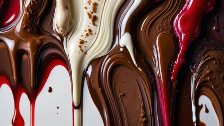 close up of chocolate syrup on a white background, top view.の素材