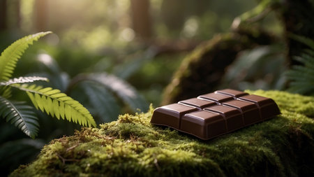 Chocolate bar on green moss in the forest with natural background.の素材