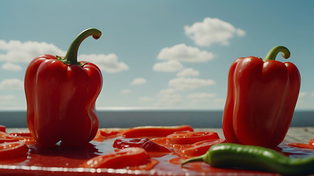 Red bell pepper on the table with a sea view in the backgroundの素材