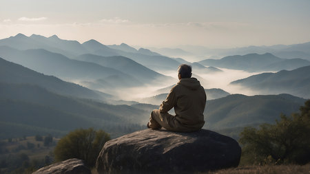 Man sitting on rock and looking at valley with foggy morning.の素材