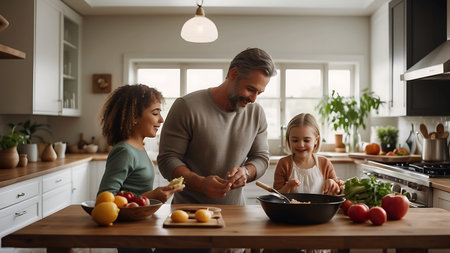 Cute little girls and their father are cooking together in the kitchen.の素材