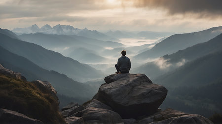 Man meditating on top of a mountain in the rays of the rising sunの素材