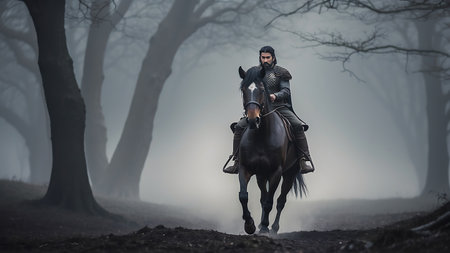 Knight riding a horse in the misty forest. Fantasy image.の素材