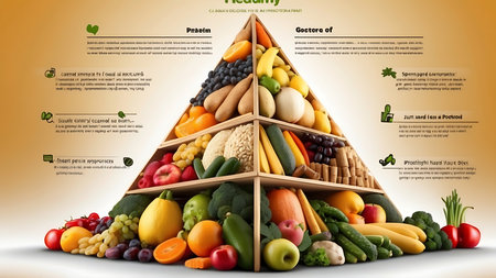 Fruits and vegetables in a pyramid shape on a white background.の素材