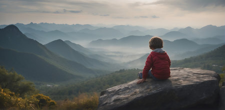 Little girl sitting on top of a mountain and looking at the viewの素材