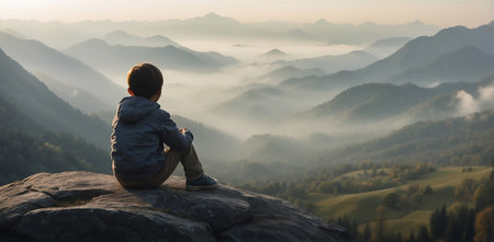 A boy sits on a rock and looks into the distance at the sunrise.の素材