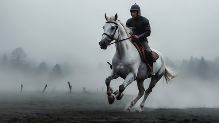 Equestrian sport, a rider on a horse in the fogの素材