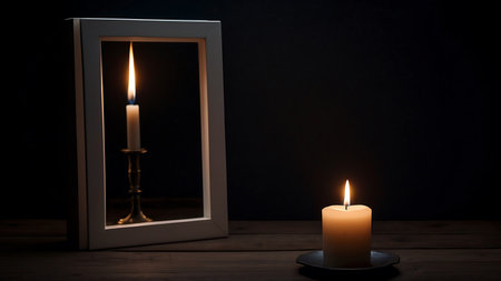 Burning candle in front of a window with a black background.の素材