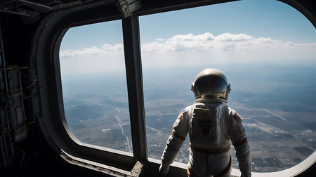 Astronaut looking out of the window of an aircraft during the flightの素材