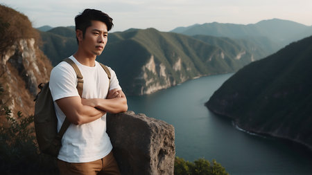 Handsome asian man standing on the top of the mountain and looking at the seaの素材