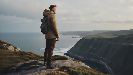 Man standing on top of a cliff and looking at the sea.の素材