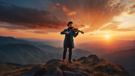 Violinist playing the violin on the top of the mountain at sunsetの素材
