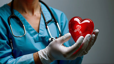 Female doctor with stethoscope holding a red heart in her handsの素材