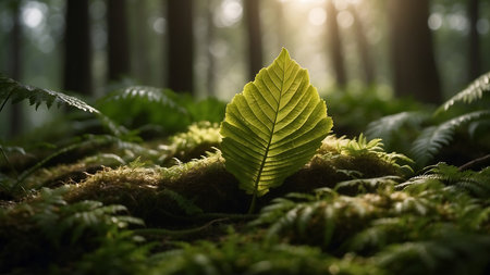 Close up of a green leaf in a mossy forest with sunlight.の素材