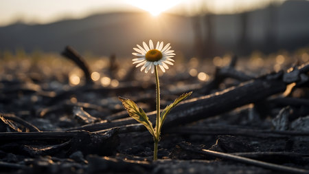 Chamomile flower on the background of the setting sun.の素材
