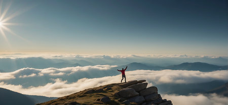 Man on top of a mountain with his hands raised to the skyの素材