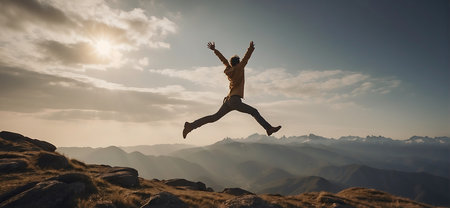 Happy man jumping in the air against the backdrop of a mountain landscapeの素材
