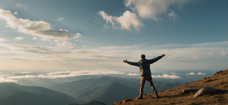 Hiker with arms outstretched standing on top of a mountain and enjoying the viewの素材